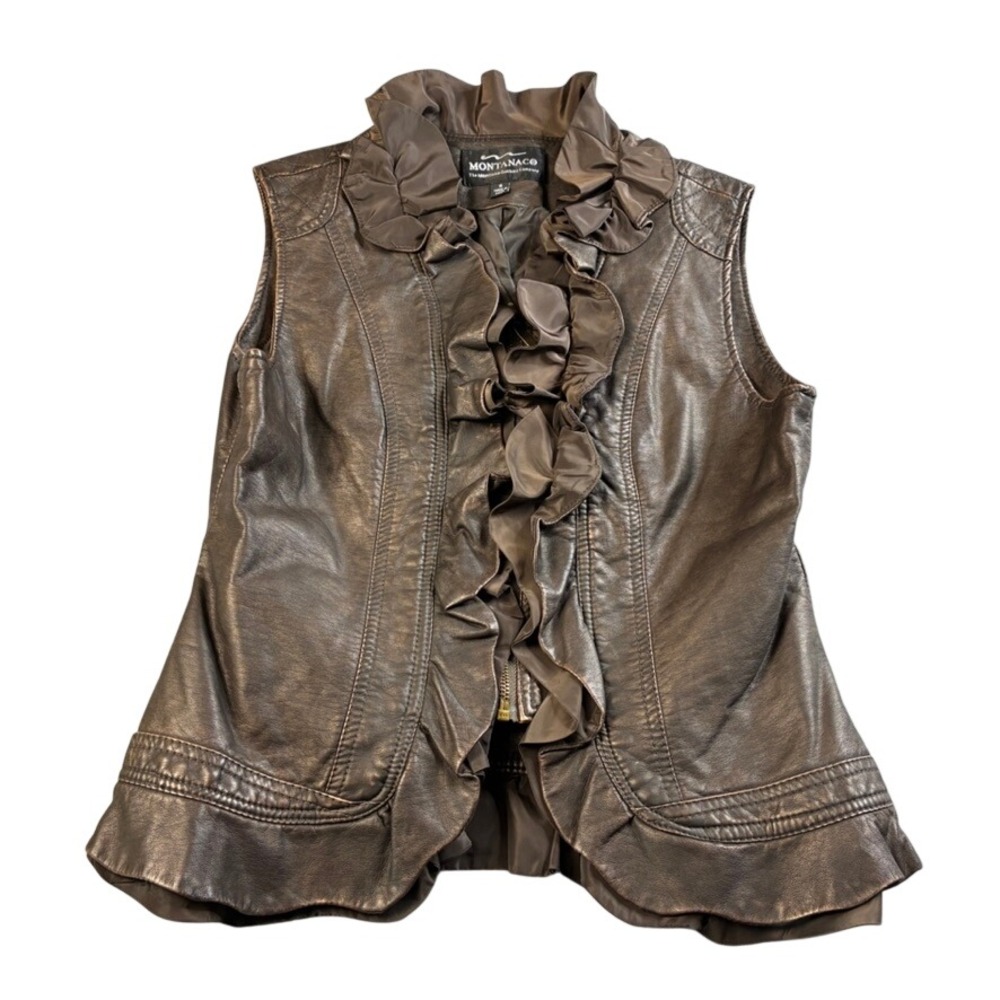 Montanaco Women's Size Small Brown Faux Leather Ruffle Trim Zip Front Vest‎ READ